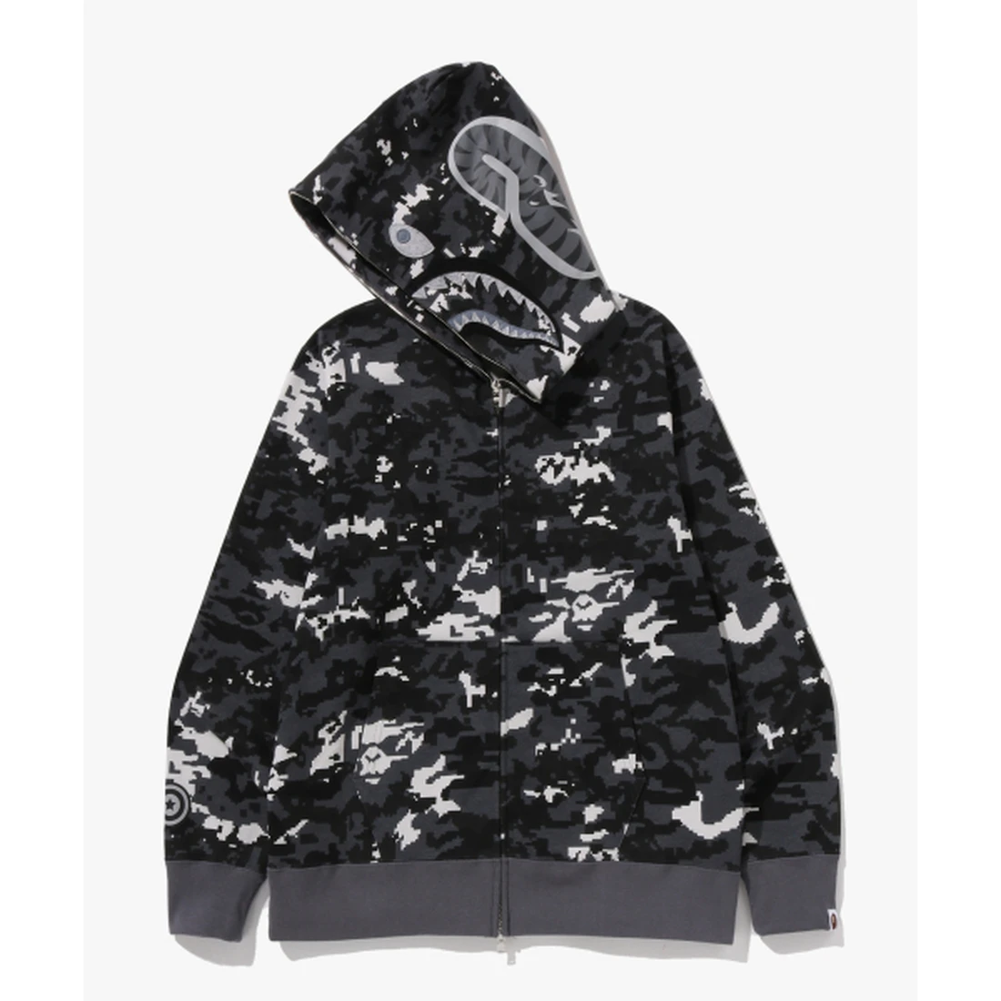 베이프 멀티 픽셀 카모 샤크 레귤러 핏 풀 집 후드 M BLACK 001ZPM301303MBLK