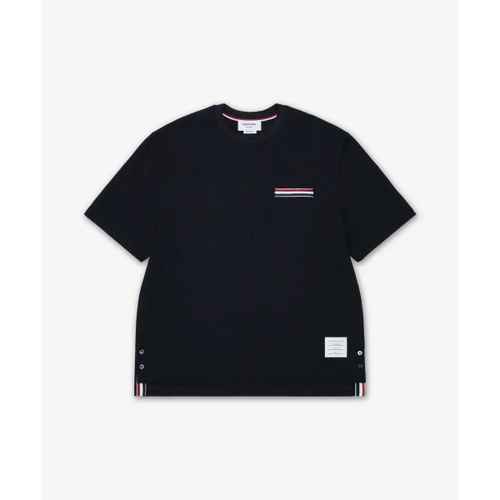 톰 브라운 텍스처드 코튼 리넨 RWB 자수 반소매 폴로 셔츠 네이비