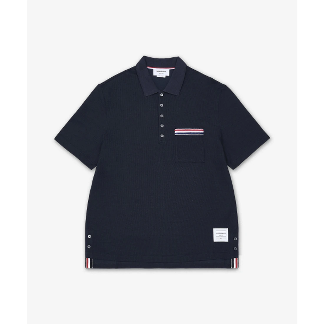 톰 브라운 텍스처드 코튼 리넨 RWB 자수 반소매 폴로 셔츠 네이비 MJP244EJ0251415