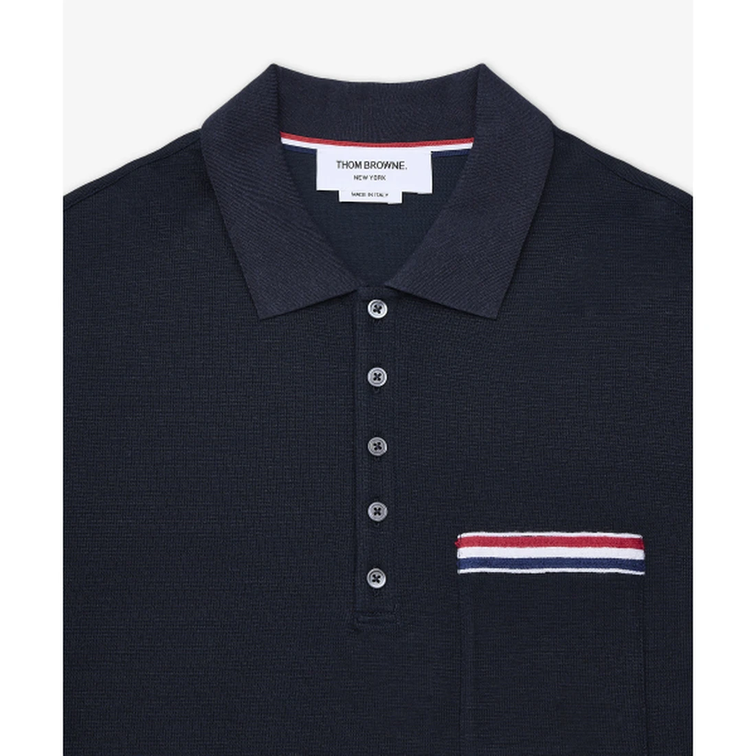 톰 브라운 텍스처드 코튼 리넨 RWB 자수 반소매 폴로 셔츠 네이비 MJP244EJ0251415