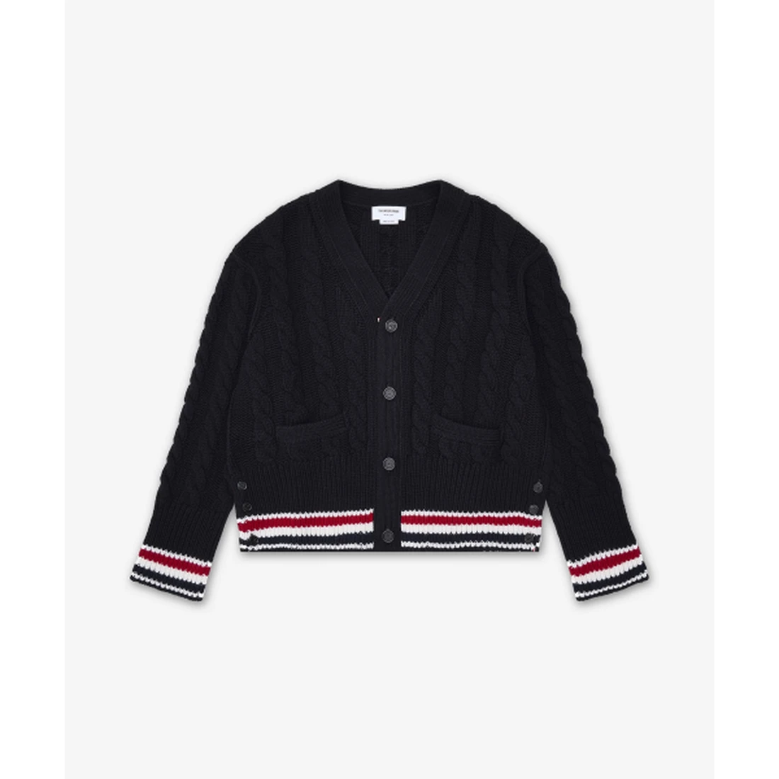 톰 브라운 메리노 베이비 케이블 스티치 RWB 스트라이프 가디건 블랙 MKC622AY1005001