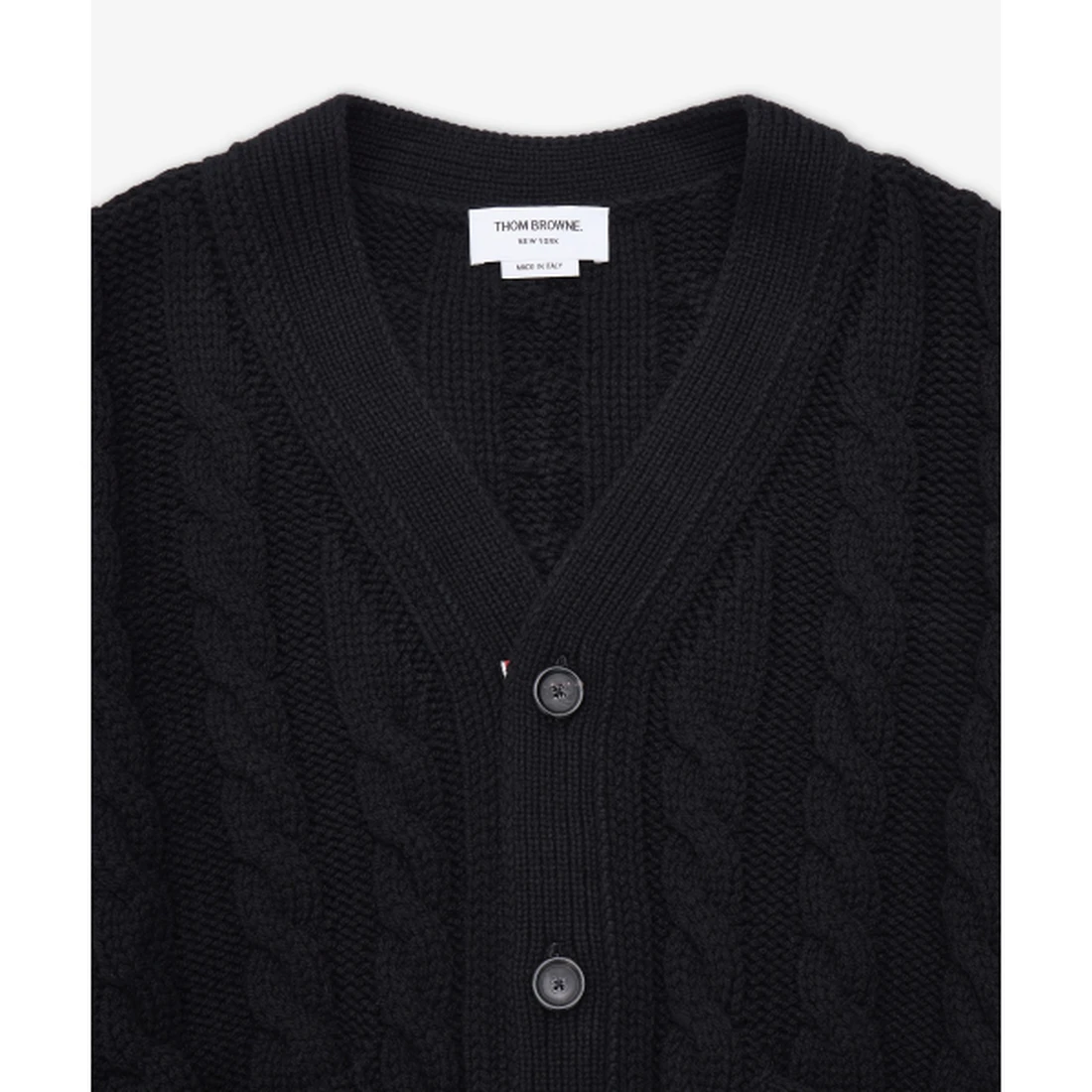 톰 브라운 메리노 베이비 케이블 스티치 RWB 스트라이프 가디건 블랙 MKC622AY1005001