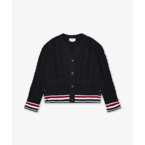 톰 브라운 메리노 베이비 케이블 스티치 RWB 스트라이프 가디건 블랙