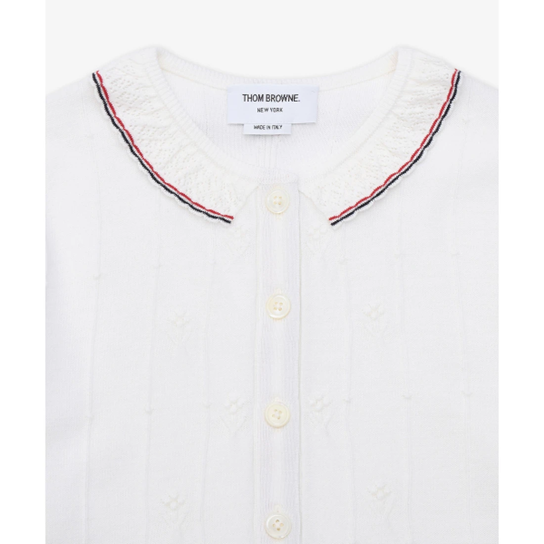 톰 브라운 메리노 울 보블 스티치 레이스 트림 가디건 화이트 FKC697AY1051100