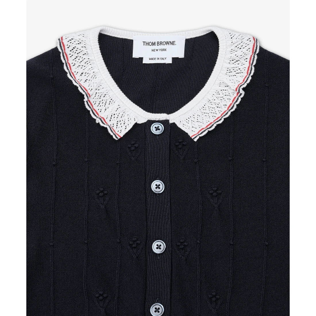 톰 브라운 메리노 울 보블 스티치 레이스 트림 가디건 네이비 FKC697BY1051415