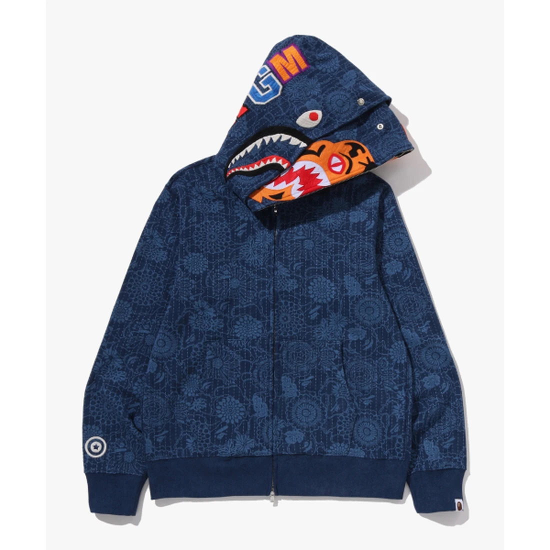베이프 재패니즈 인디고 아트 카모 더블 타이거 샤크 풀 집 후드 M INDIGO 001ZPM301305MING