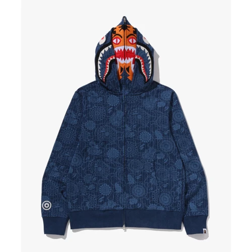베이프 재패니즈 인디고 아트 카모 더블 타이거 샤크 풀 집 후드 M INDIGO