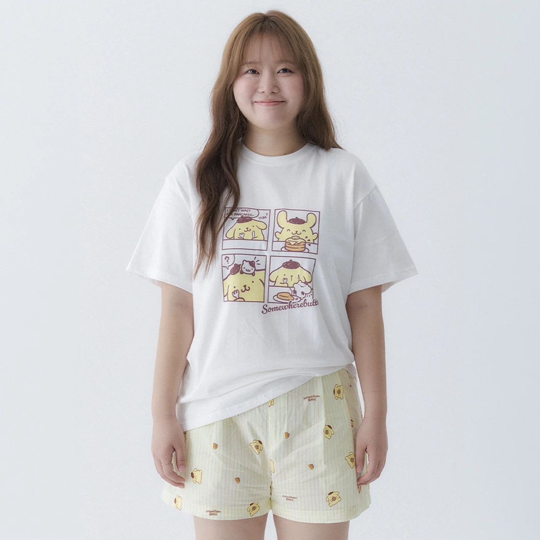 산리오 폼폼푸린 스트라이프 파자마 쇼츠 - 버터 3983198