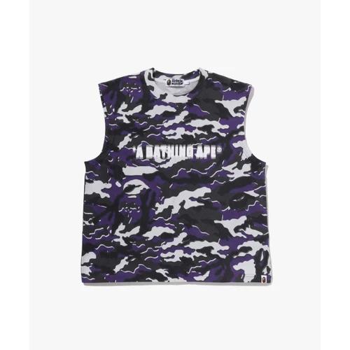 베이프 글리치 우드랜드 카모 헤비 워시 BATHING APE 크롭 핏 나시 M 퍼플