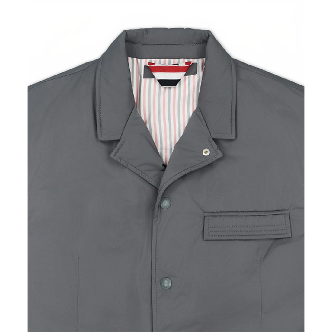 톰 브라운 폴리 테크 4-바 스냅 프론트 다운필 SB 오버 코트 미드 그레이 MOD093XF1090035