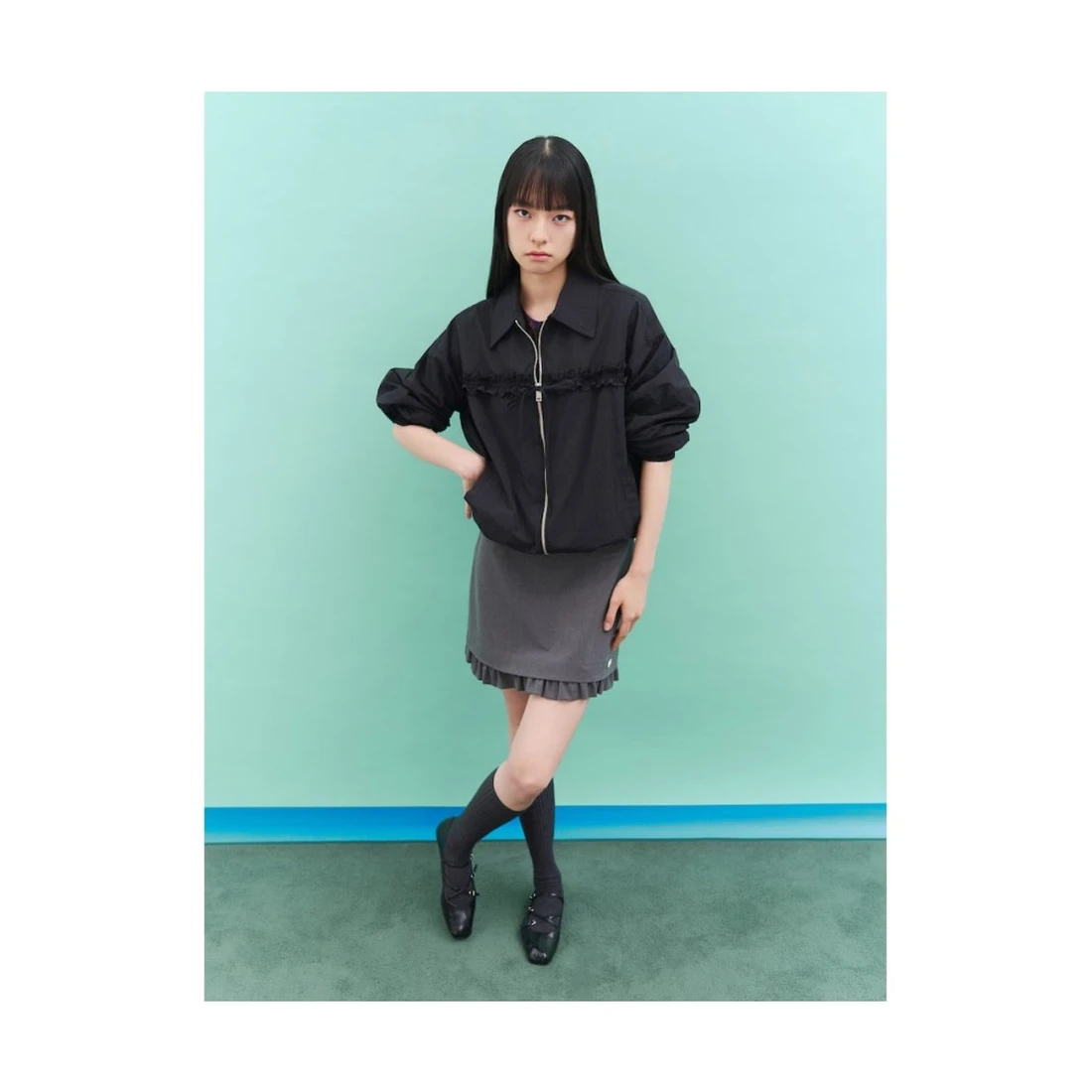 민주킴 나일론 프릴 블루종 아우터 블랙 356839SX35