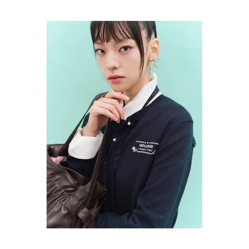 [민주킴] 러플 긴소매 카디건 네이비