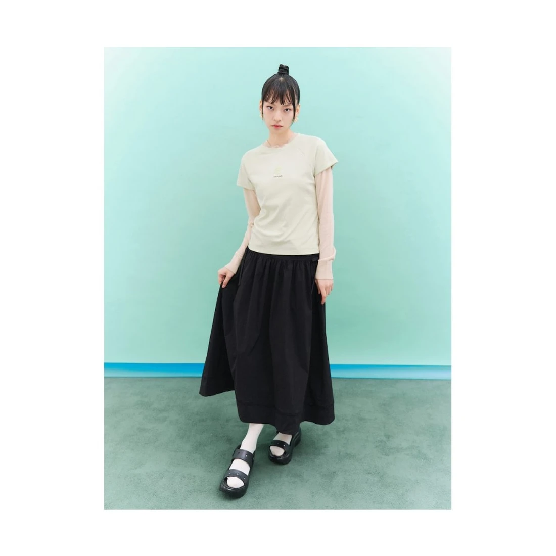 민주킴 사이드 리본 롱 스커트 블랙 356827SX55