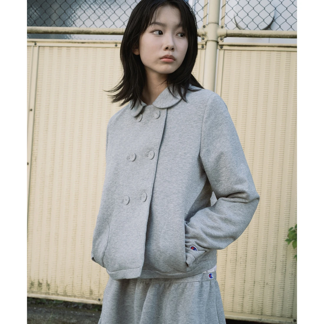 오헤시오 x 챔피온 라운드 카라 더블 버튼 자켓 멜란지 그레이 CHFJC9X01GR