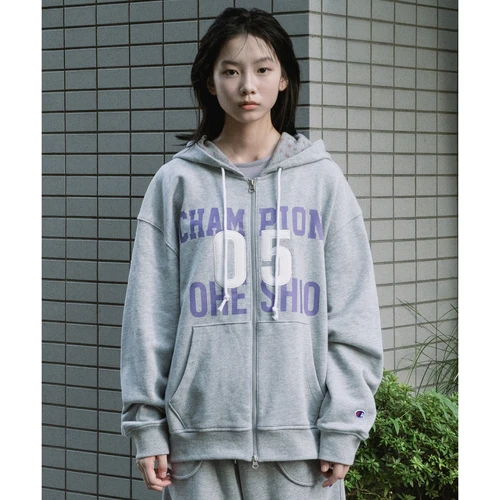 오헤시오 x 챔피온 패치 후드 집업 멜란지 그레이