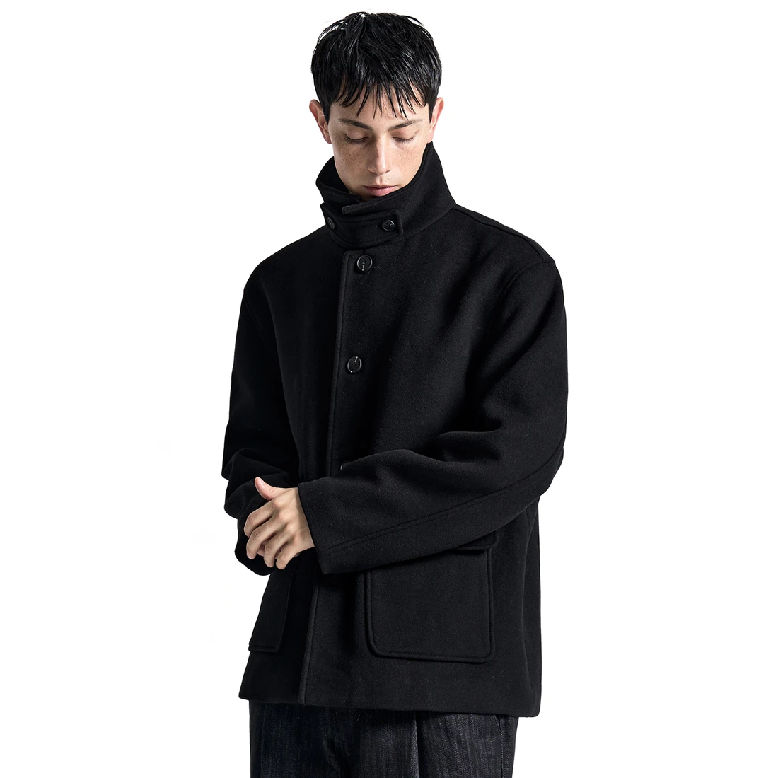 오정규 x 커스텀어클락 울 세미 오버핏 하프 코트 블랙 COOSCT027BLACK 이미지 3