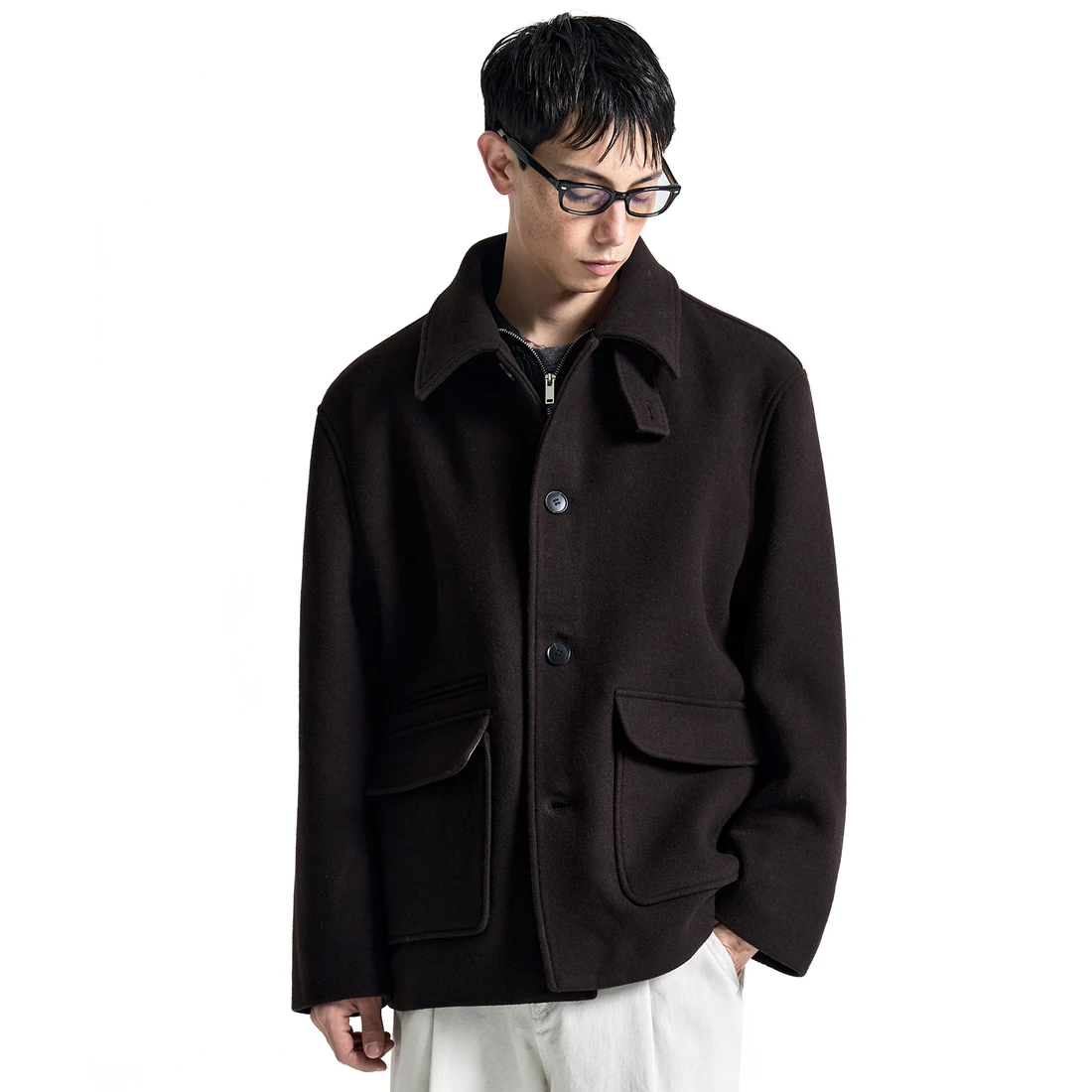 오정규 x 커스텀어클락 울 세미 오버핏 하프 코트 브라운 COOSCT027BROWN 이미지 3