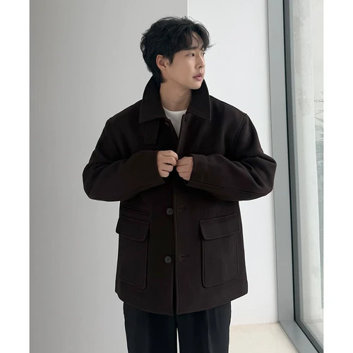 오정규 x 커스텀어클락 울 세미 오버핏 하프 코트 브라운