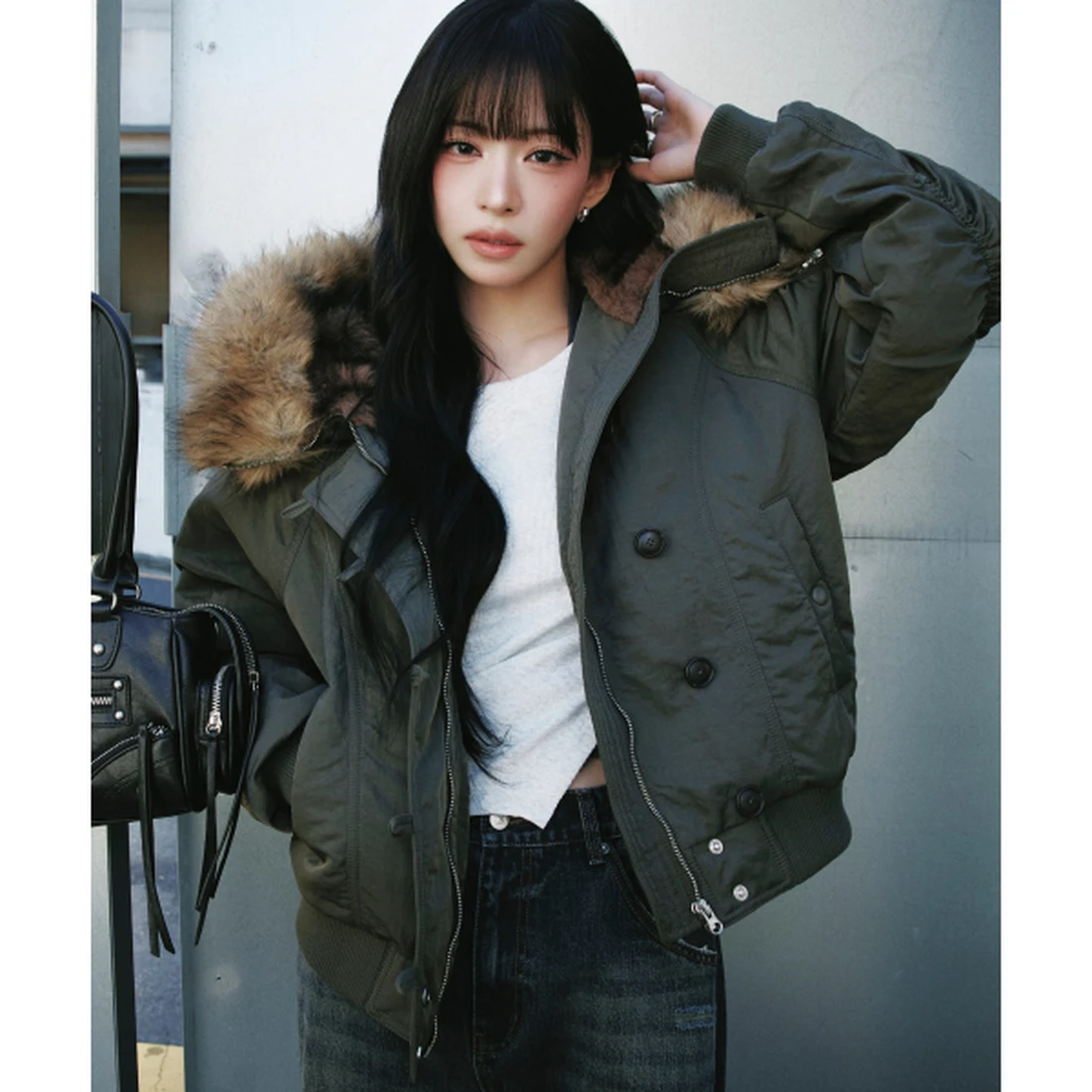 미쏘 페이크퍼 후드 패딩 블랙 카키 MIWJPGV51C 이미지 3