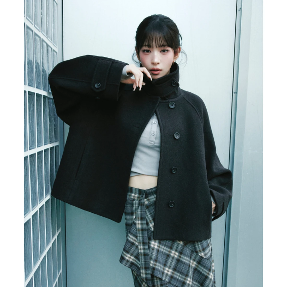 미쏘 울 블렌디드 반더블 스탠카라 숏 코트 블랙 브라운 MIWJHGV32B