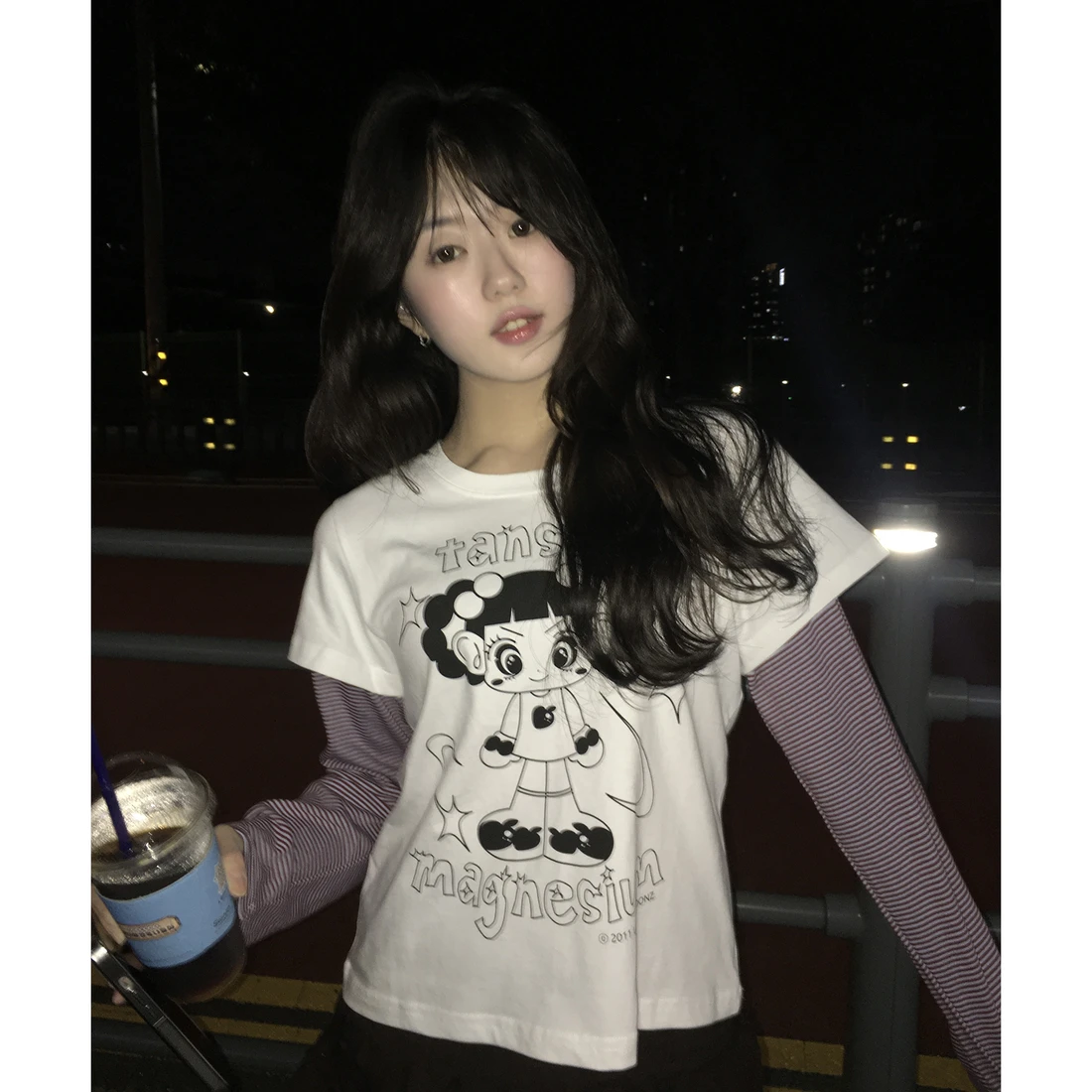 안녕자두야X탄산 슈퍼 자두 레이어드 롱슬리브 (화이트/블랙) T26FCLS21