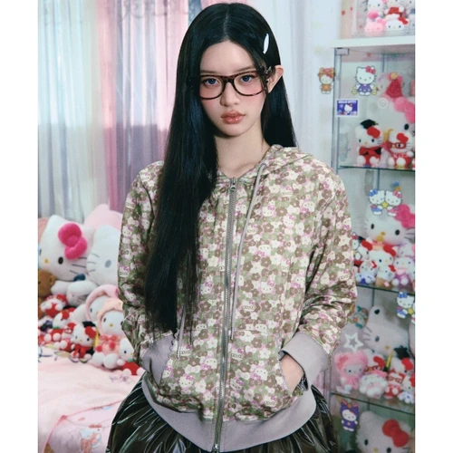 헬로키티 x 에이이에이이 패턴 집업 후디 카키
