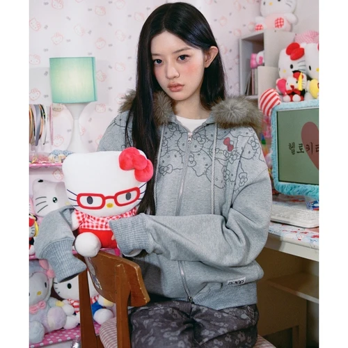헬로키티 x 에이이에이이 퍼 집업 후디 멜란지 그레이