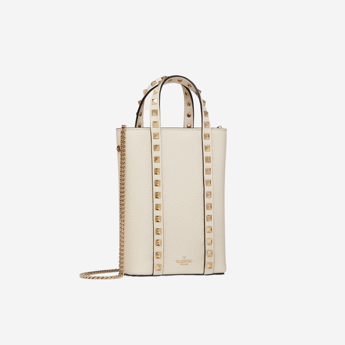 Valentino Rockstud Grainy Calfskin Leather Pouch with Chain Light Ivory